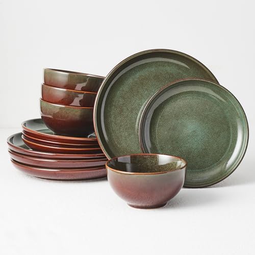Pokini 12-Piece Stoneware Dinnerware Set for 4 Brown Green Reactive Glaze