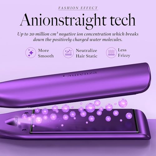 Laurenza 2-Inch Wide Flat Iron Hair Straightener & Curler with 20M Negative Ions - Purple