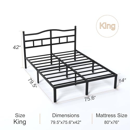 Snaye 14-Inch King Size Bed Frame with Headboard, Heavy Duty Metal Platform, Easy Assembly