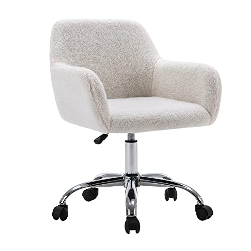 KCC Faux Fur Makeup Vanity Chair White Plush with Wheels and Adjustable Height
