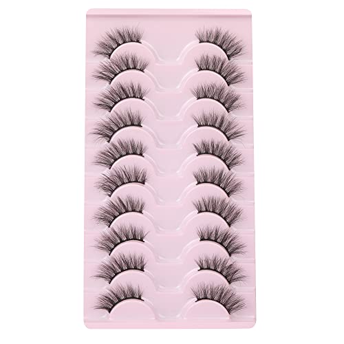 Lashes False Wispy Eyelashes Natural Volume Cat Eye Lash Strips Thick Fake Mink Eyelash Pack Natural Looking Fluffy Full Strip Lashes Set Clear Band Easy Eyelashes for Beginners