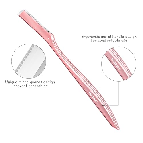 Dermaplane Razor for Women Face, Stainless Steel Handle with 6 Replaceable Blades, Huauoo Face Razors for Women, Peach Fuzz Remover, Eyebrow Trimmer, Dermaplaning Tool for Face Exfoliation (Pink)