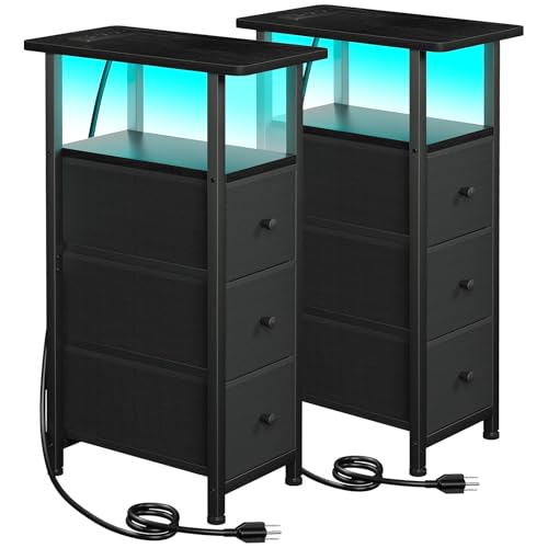 Narrow End Table with Charging Station & LED Light - Black, Set of 2