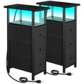 Narrow End Table with Charging Station & LED Light - Black, Set of 2