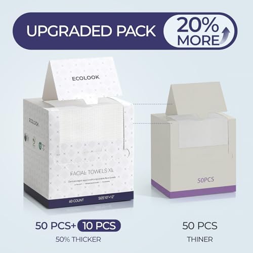 ECOLOOK Disposable Face Towel XL-10"x12" Upgraded Thick Facial Towels, Ultra Soft Clean Face Towels Disposable, 60 Count & 90 GSM, Ideal for Sensitive Skin?-3 PACK