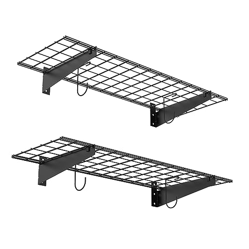 Garage Wall Shelves 2-Pack - 15x45 Inch Wire Storage with Hooks, Black
