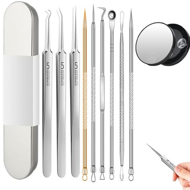 10 Pcs Acssart Blackhead Remover Tools, Acssart Stainless Steel Blackhead Remover Kit, Pimple Popper Tool Kit, Blackhead Tweezers with 15x Magnifying Glass, Metal Case