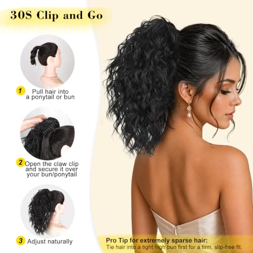 14-Inch Dark Brown Ponytail Extension with Claw Clip - Curly Wavy Fluffy Hairpiece for Women - Variation of THIS listing