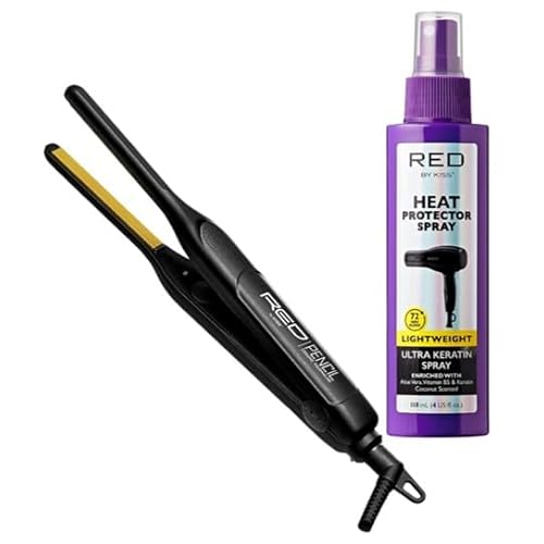 KISS Pencil Flat Iron & Heat Protector Spray Bundle - Ceramic Tourmaline Plates - 0.3" x 0.3" - 450F Max Temp - Straightens Short to Medium Hair