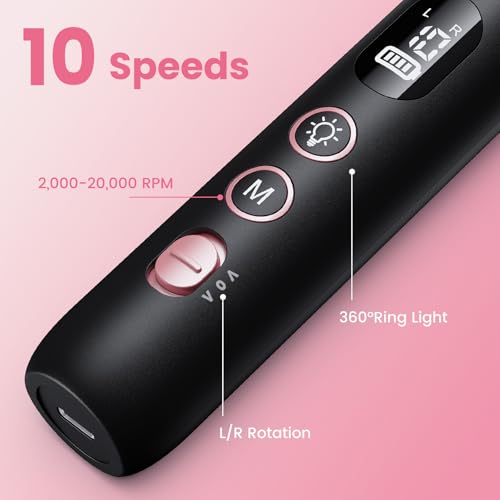 Black Electric Nail Drill with 10 Speeds & 10 Bits – Beginner-Friendly Professional Nail File