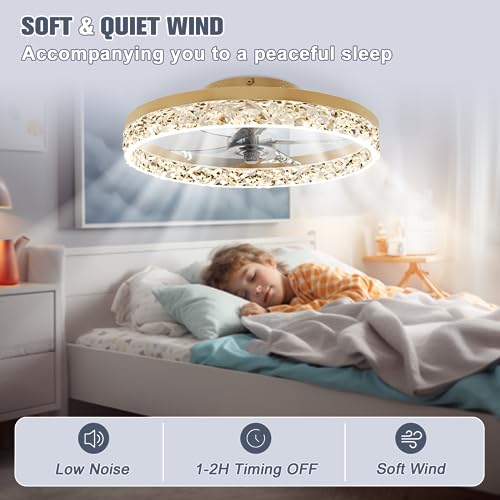 19.7 Inch Gold Ceiling Fan with Lights and Remote - Dimmable, Low Profile Flush Mount, Modern Ceiling Fan for Bedroom Living Room Kitchen