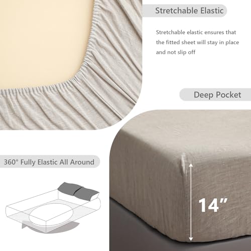 Full Linen Fitted Sheet - 14 Inch Deep Pocket, Breathable French Flax, Soft & Durable