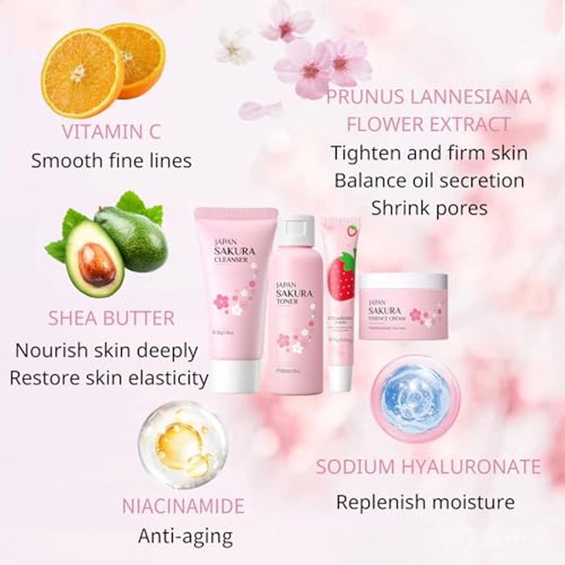 Cherry Blossom Skincare Set Women Gifts - Skin Care Set Hydrating - Skincare for Girls 10-12 Moisturizing - Travel Kit with Cleanser,Toner,Lip Mask,Cream(One Size, Cherry Blossom 6PCS Scent)