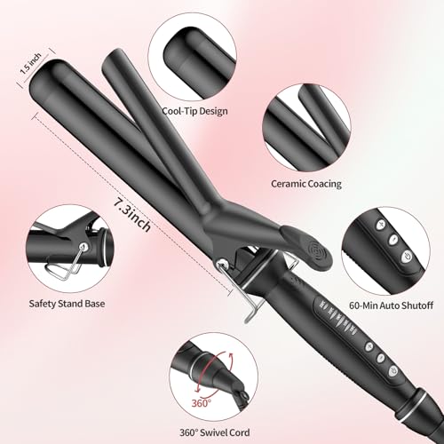 SAOSA 1.5 Inch Curling Iron - Tourmaline Ceramic Long Barrel, Auto Shut-Off, Dual Voltage for Travel
