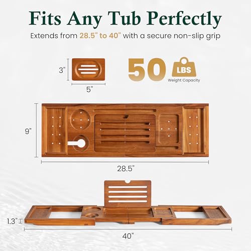 Realgulf Classic Teak Finish Adjustable Bathtub Caddy Tray Organizer