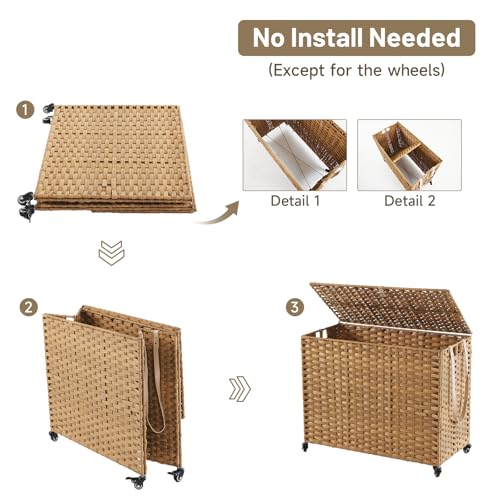 Laundry Hamper with Wheels 52.8 Gallon Natural Rattan Style with Lid & Removable Liners - 31.5 x 15.75 x 25.6 Inches