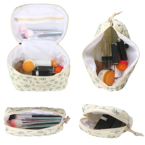 Cute Makeup Bag Set for Women - Quilted Floral Travel Cosmetic Organizer - Blue Rose, 4 Pack