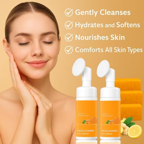 Turmeric Wash and Care Kit - 5 Pieces with Face Brush, Exfoliating Pads, Soap Bars & Oil - Natural Skincare Set