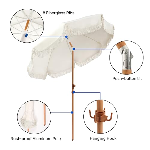 Seazul 6.5ft Patio Umbrella with Fringe – Elegant Cream, Tilt, Anti-Rust Aluminum Pole
