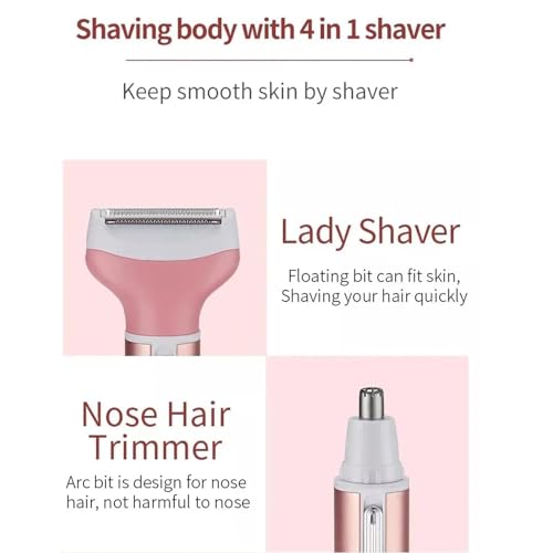 4-in-1 Electric Razor for Women - Painless Facial Hair Removal, Bikini Trimmer, Eyebrow & Body Groomer - Rechargeable Hair Clippers Set for Underarms, Legs & Nose