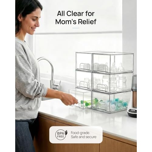 Vtopmart 6 Pack Small Clear Stackable Storage Drawers,Acrylic Bathroom Makeup Organizer,Plastic Storage Bins For Vanity, Undersink, Kitchen Cabinets, Pantry, Home Organization