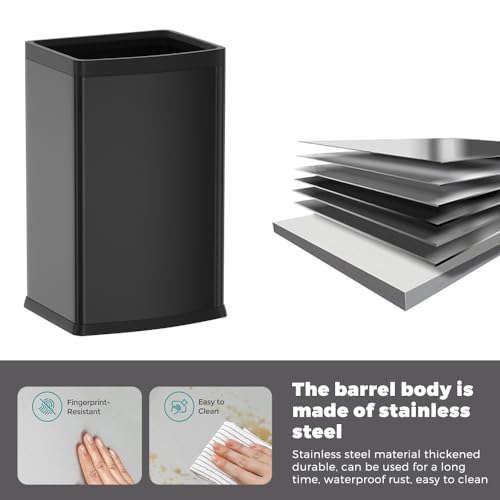 25L Stainless Steel Square Trash Can - Large Capacity Kitchen Waste Bin - Black