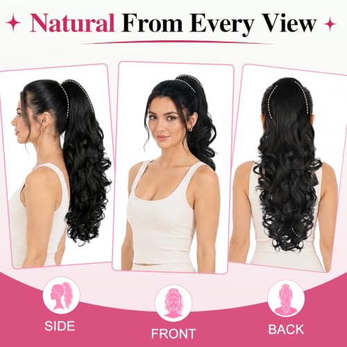 ALXNAN 24 Inch Curly Wavy Ponytail Extension Black | Clip-In Hair Extension