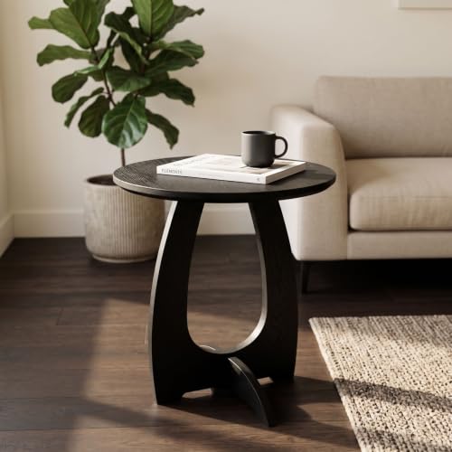 Solid Wood Round End Table - Black Mid-Century Modern Side Table