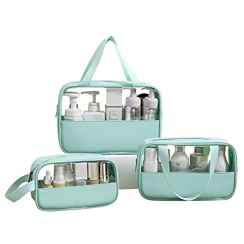 3 Pack/Size Waterproof Travel Toiletry Bag, Clear Cosmetic Makeup Bags PVC and Mint Green PU Splicing, TSA Approved Carry on Pouch, Portable Travel Organizer for Vacation, Bathroom, Airplane