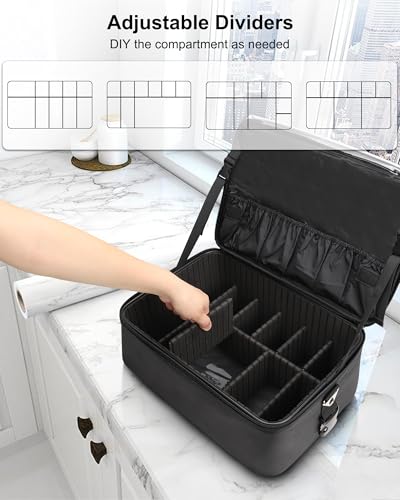 Large Makeup Bag Organizer with Adjustable Dividers - Black, Professional Cosmetic Storage Case