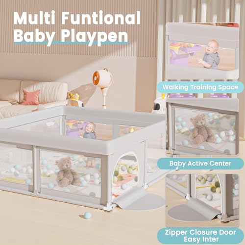 Baby Playpen with Mat and Ocean Balls - Light Grey + 50x50 Inch Play Area