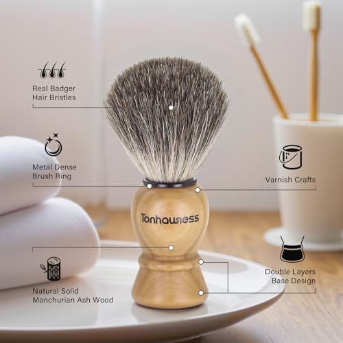 4-in-1 Men’s Shaving Brush Kit with Badger Hair, Wood Bowl & Stand – Includes Soap