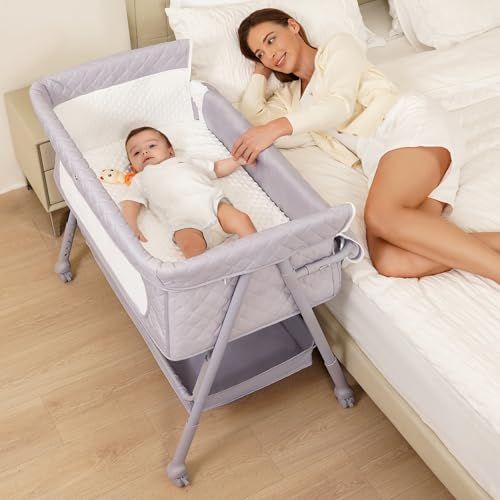 Adjustable Baby Bassinet Bedside Sleeper with Wheels & Mattress - Grey