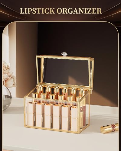 CoralHouse Glass Lipstick Organizer with Lid - Gold 18-Slot Vanity Storage
