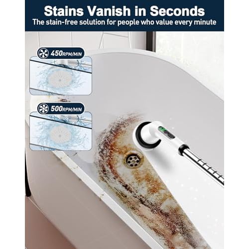Shower Scrubber with Long Handle for Cleaning Bathroom, Electric Spin Scrubber Cleaning Brush with IPX7 Waterproof & 2Speed, 3Brush Heads, Bathroom Cleaning Supplies for Shower Tub Kitchen Tile Toilet