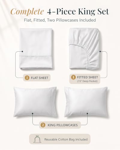 LANE LINEN 450TC White King Size Cotton Sheet Set Silky Sateen Weave