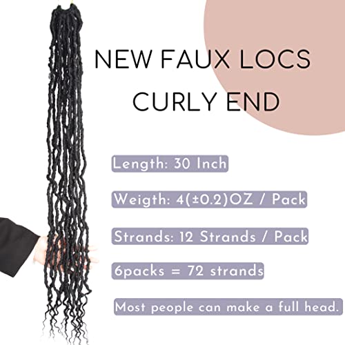 BOHOBABE Long Faux Locs Crochet Hair 30 Inch with Curly Ends, Natural Black 1B - Pack of 6