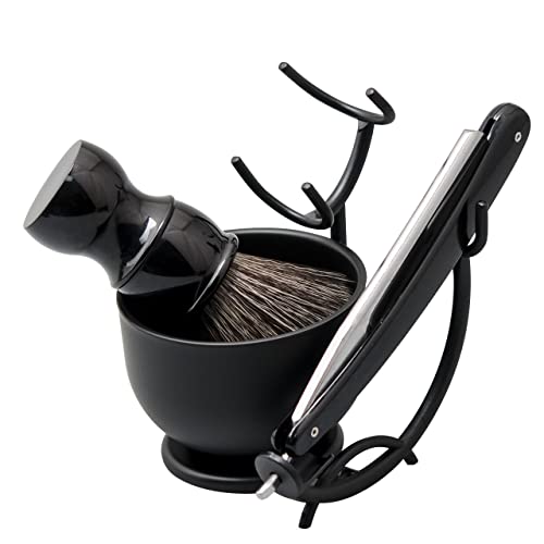 Men's Straight Razor Shaving Kit with Stand and Soap Bowl - Wet Grooming Set