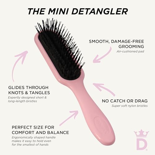 Denman Mini Deatngling Hairbrush for Short Hair - Gentle Wet & Dry Knot Remover for Kids and Adults, D90 Pink Crush