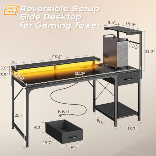 Gaming Desk with LED Lights & Power Outlets - 55.1 Inch Black Gaming Table