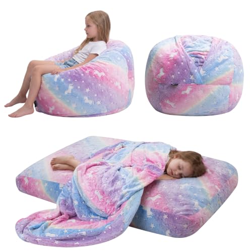 COMAX Rainbow Unicorn Kids Bean Bag Chair 3-in-1 Bed, 29.5"x29.5"x18.5" Multi-Color