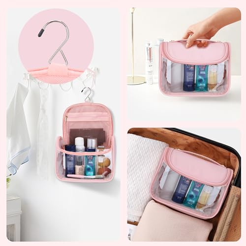 YFG Travel Toiletry Bag for Women & Men, Transparent Cosmetic Organizer with Hook, Portable, Organizer, for Travel-Sized Shampoo, makeup Accessories, Brushes Set, Conditioner, Medium Size Pink