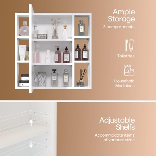 Wall-Mounted Bathroom Cabinet with Mirror, 2 Mirrored Doors, Adjustable Shelves, White