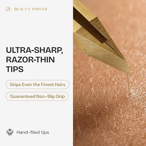 Gold Tweezers Set with Case - Professional Slant & Point Precision Tweezers for Eyebrows & Facial Grooming - Matte Gold Variation