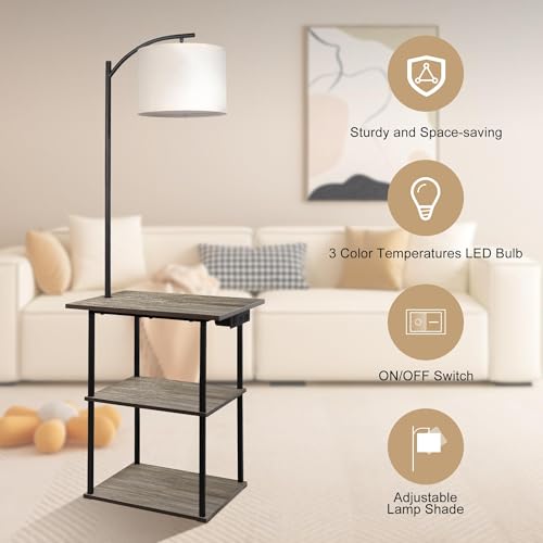 Vintage Grey Floor Lamp with 3-Tier Side Table and Charging Station