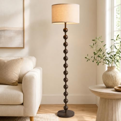 Fetason 63-Inch Modern Farmhouse Dimmable Floor Lamp with Remote Control - Black & Brown Wood Pattern