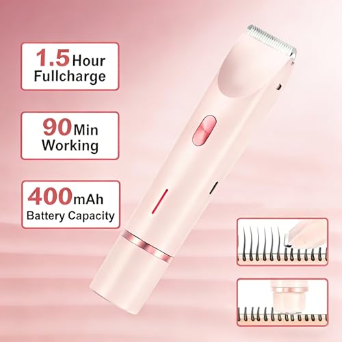 Bikini Trimmer for Women, 2 in 1 Electric Razors, Wet Dry Use, IPX7 Waterproof Rechargeable Bikini Shaver with Ceramic Cutting Head, 120 Min Cordless Runtime, Pink