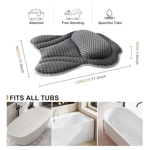Idle Hippo Grey 4D Air Mesh Bath Pillow - Neck & Back Support for Tub & Spa