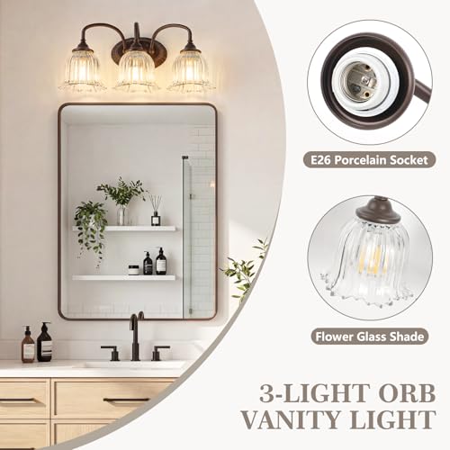 Oil Rubbed Bronze 3-Light Bathroom Vanity Light with Floral Glass Shades - Vintage Style