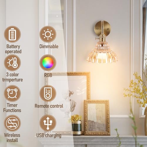 Flower Amber Rechargeable Battery-Operated Wall Sconce Set of 2 - Dimmable Wireless Brass Lamps with Remote for Bedroom Living Room